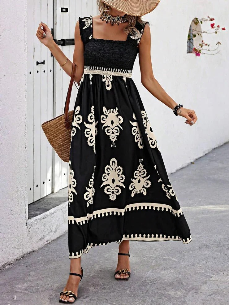 Women's Sleeveless Black Maxi Dress with Cool Print | Ideal for Summer