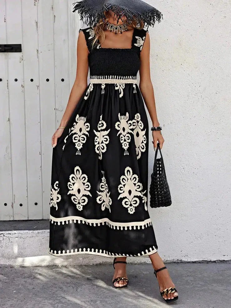 Women's Sleeveless Black Maxi Dress with Cool Print | Ideal for Summer