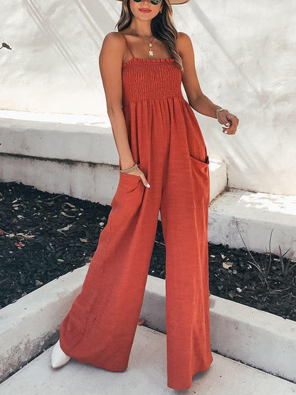 Women’s Casual Wide Leg Smoked Jumpsuit with Side Pockets | Ideal for Spring/Summer