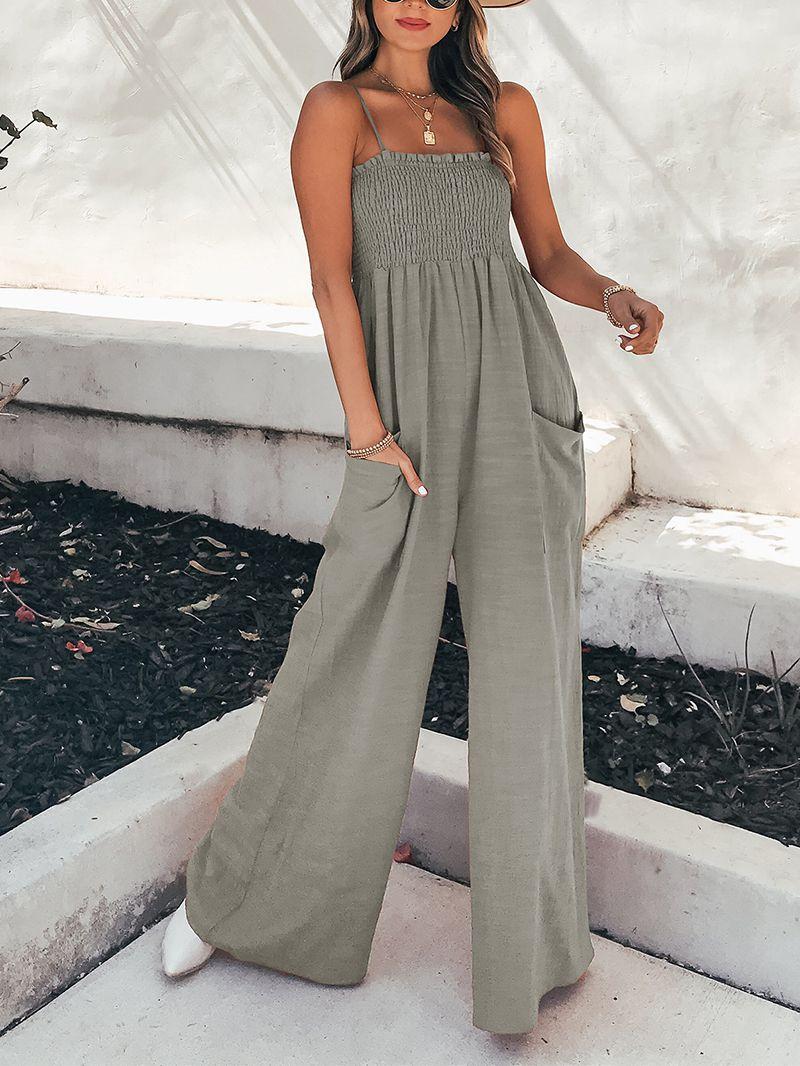 Women’s Casual Wide Leg Smoked Jumpsuit with Side Pockets | Ideal for Spring/Summer