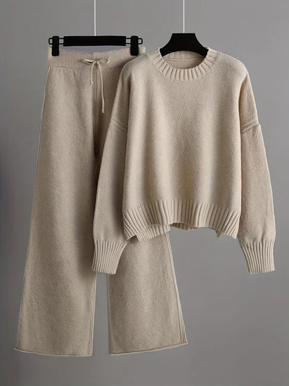 Women's Solid Color Knit Sweater & Wide-Leg Joggers Set | Ideal for Autumn/Winter