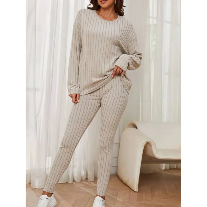 Women's Casual Solid Long-Sleeve Crew Neck T-Shirt and High-Waist Trousers Tracksuit | Perfect for Everyday Wear