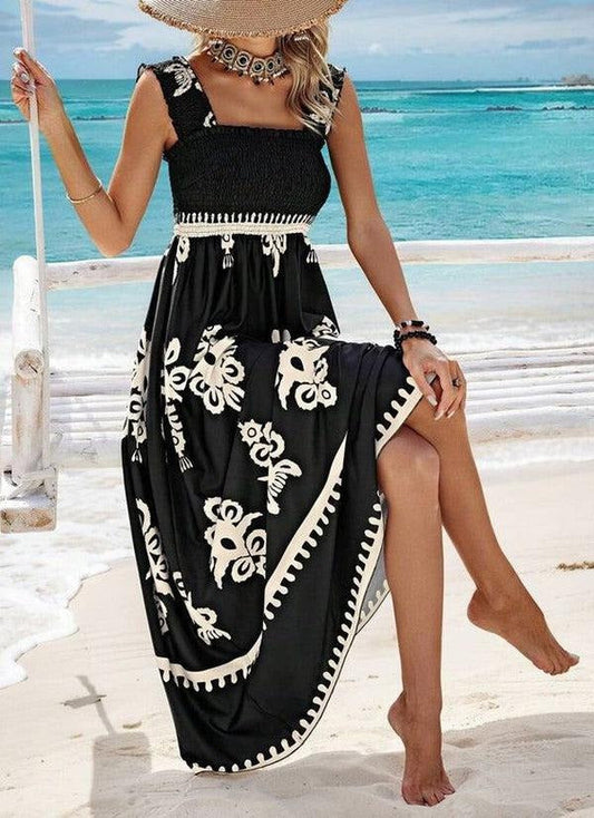 Women's Sleeveless Black Maxi Dress with Cool Print | Ideal for Summer