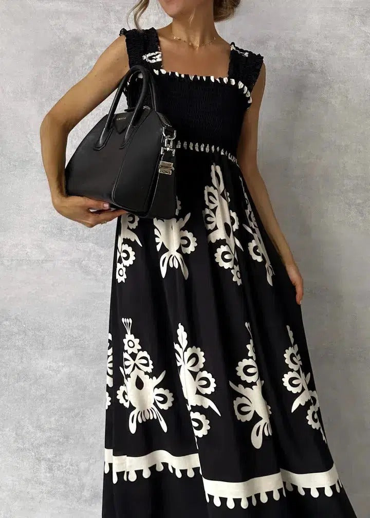 Women's Sleeveless Black Maxi Dress with Cool Print | Ideal for Summer