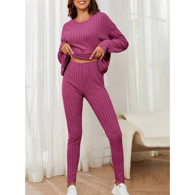 Women's Casual Solid Long-Sleeve Crew Neck T-Shirt and High-Waist Trousers Tracksuit | Perfect for Everyday Wear