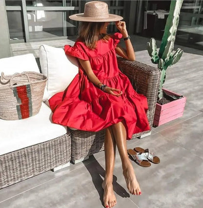 Women's Solid Color Midi Dress with Ruffles | Ideal for Summer