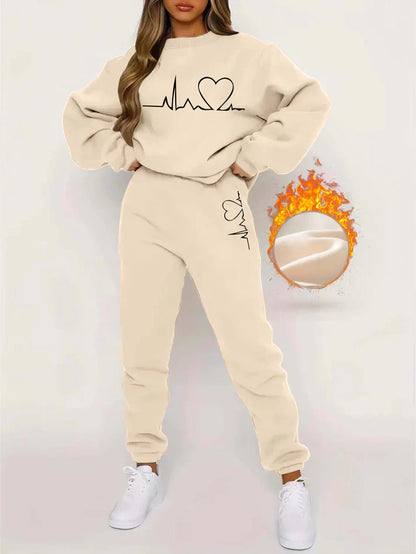 Women's Round Neck Sweater with Heartbeat Print & Joggers Tracksuit Set | Ideal for Autumn/Winter