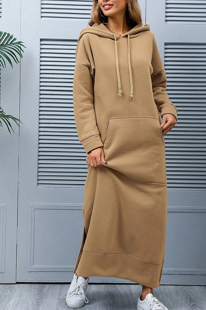 Women's Cozy Hooded Sweater Dress with Slit and Drawstring | Ideal for Summer