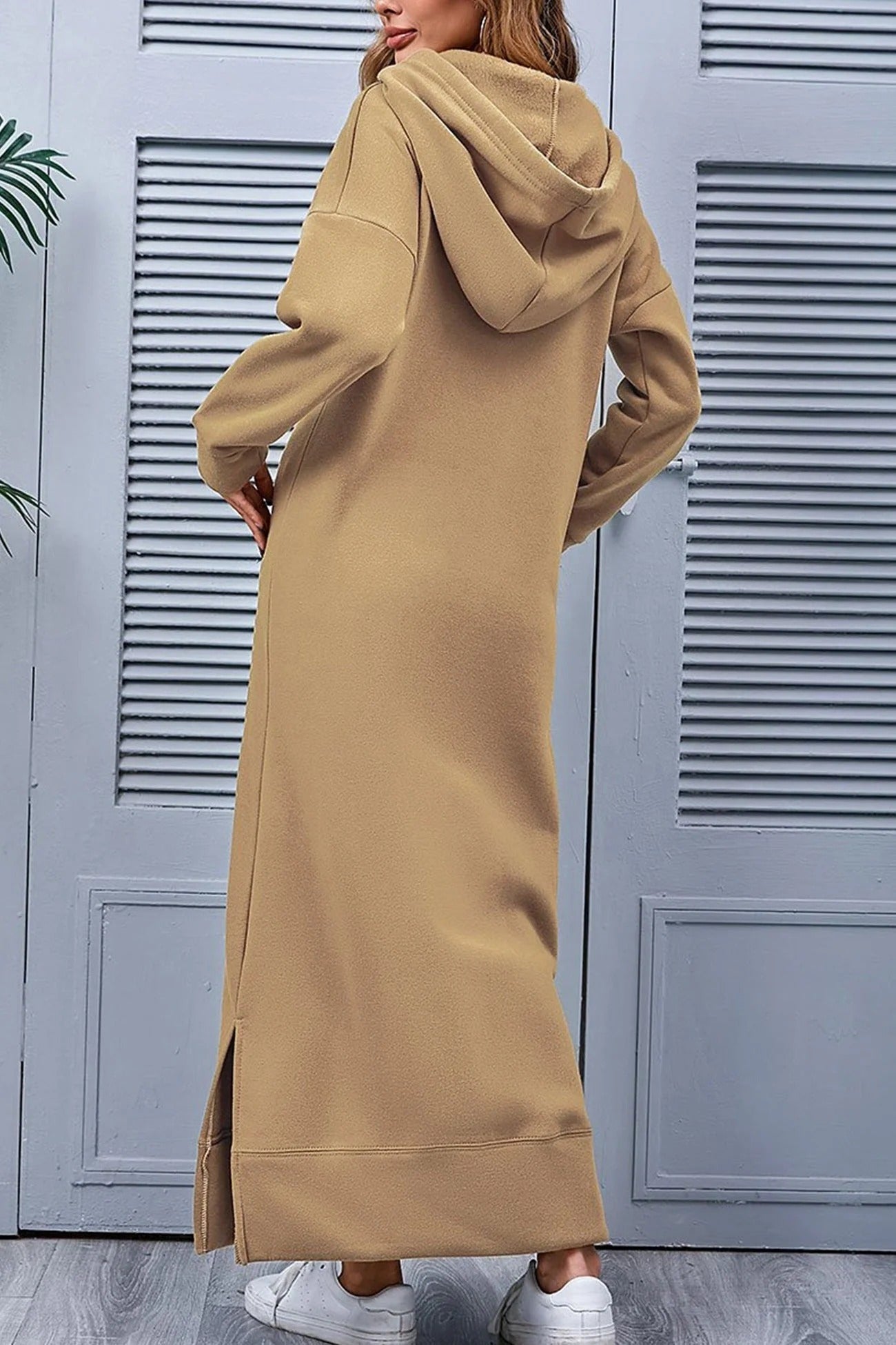 Women's Cozy Hooded Sweater Dress with Slit and Drawstring | Ideal for Summer