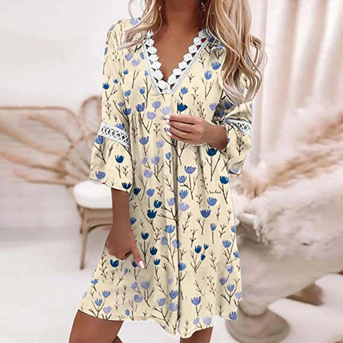 Women's Chic Floral Print V-neck Summer Dress with Laces | Ideal for Summer