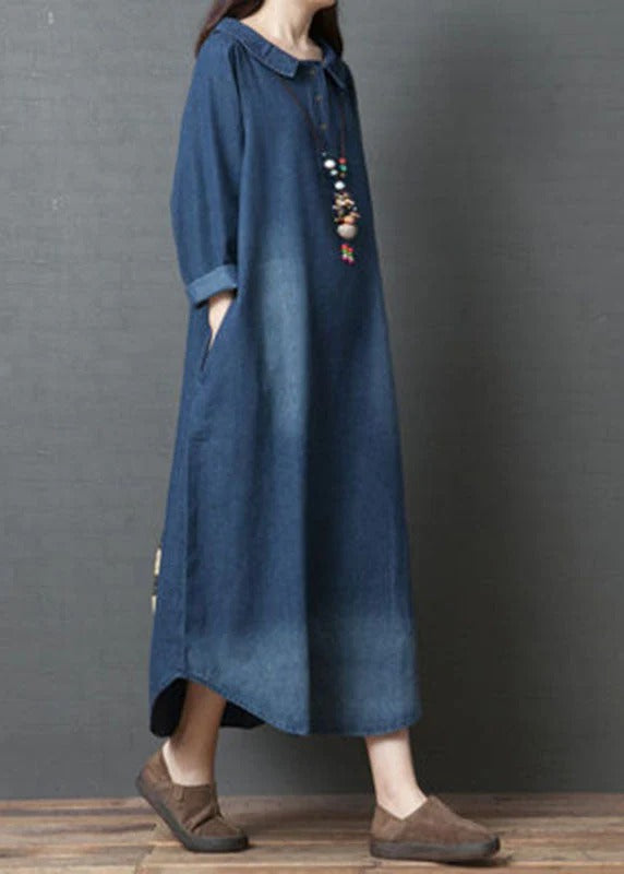 Women's Loose Denim Maxi Dress with Collar and Buttons | Ideal for Summer