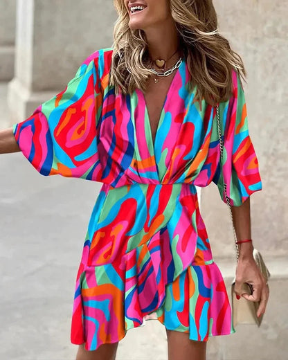 Women's Chic Wrap Up Summer Dress with Floral Print and Batwing Sleeve | Ideal for Summer