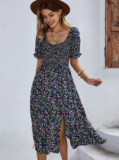 Women's Casual Round Neck Midi Dress with Floral Print  | Ideal for Summer