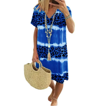 Women's Vintage V-neck Midi Dress with Leopard and Tie Dye Print | Ideal for Summer