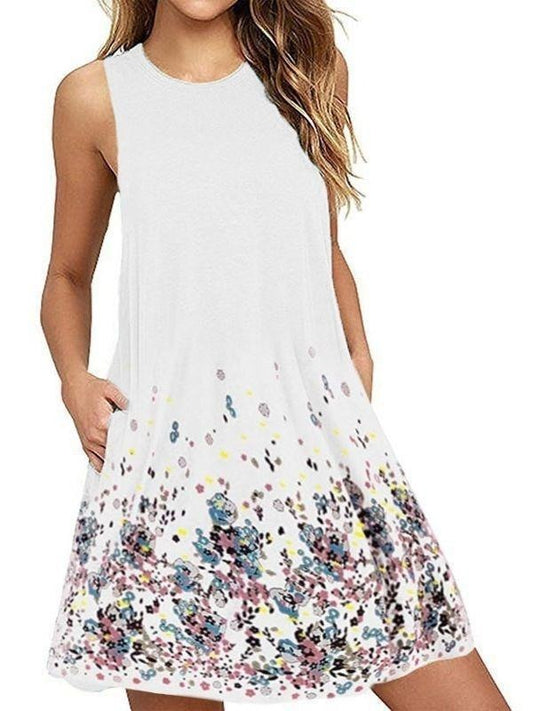 Women's Round Neck Sleeveless Printed A-Line Beach Dress  | Ideal for Summer