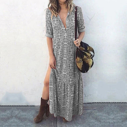 Women's Casual Boho Print Buckle Slit O Neck Dress | Ideal for Summer