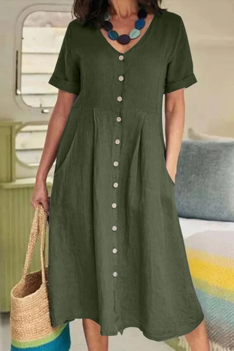 Women's Loose V-neck Short Sleeve Dress with Buttons | Ideal for Summer