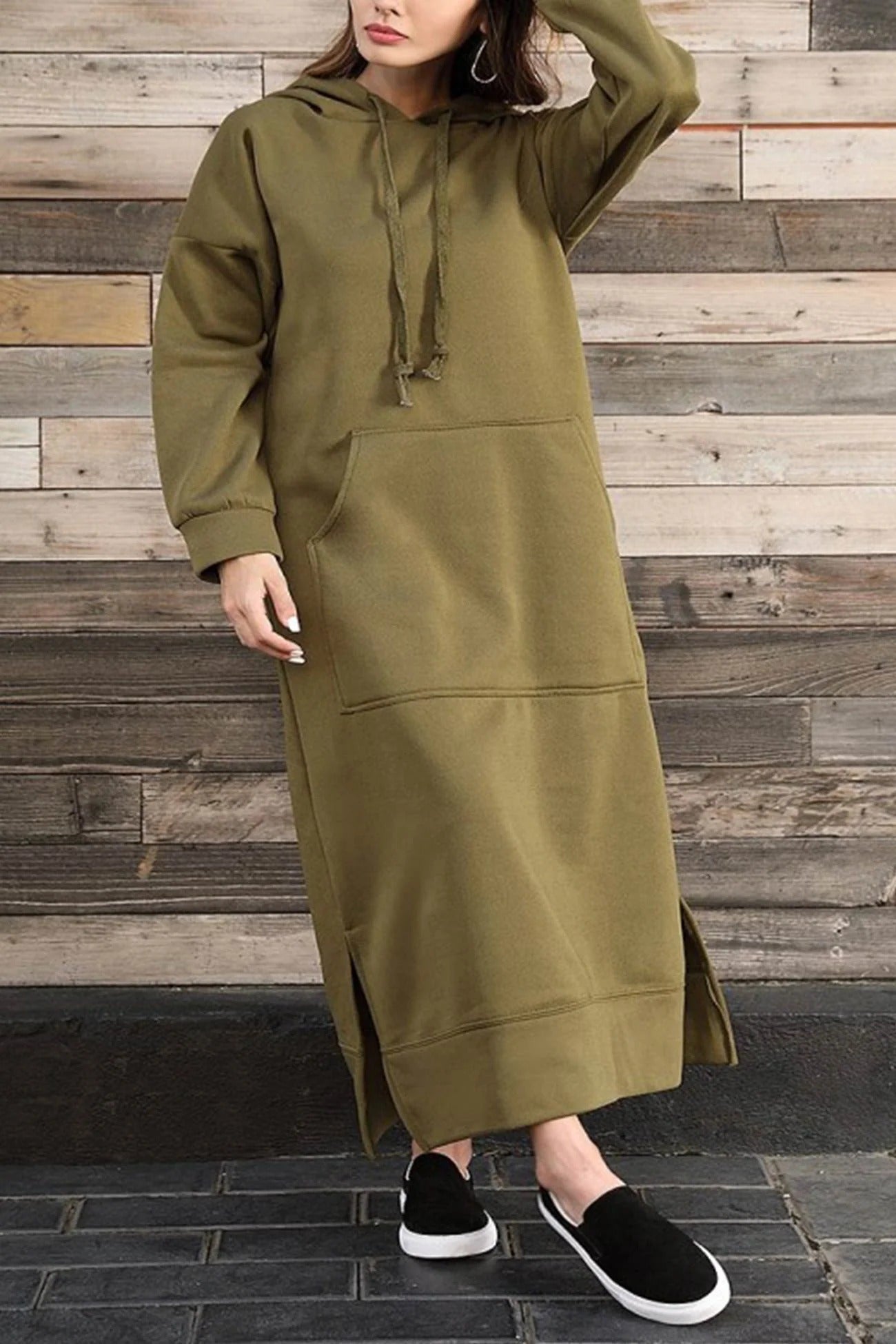 Women's Cozy Hooded Sweater Dress with Slit and Drawstring | Ideal for Summer