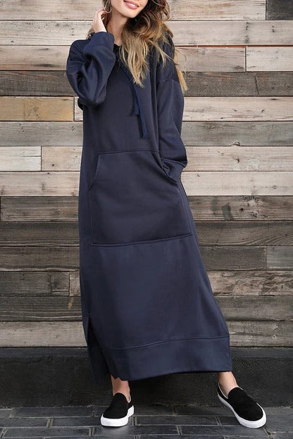 Women's Cozy Hooded Sweater Dress with Slit and Drawstring | Ideal for Summer