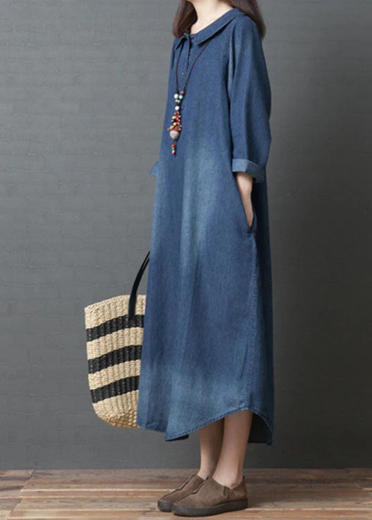 Women's Loose Denim Maxi Dress with Collar and Buttons | Ideal for Summer