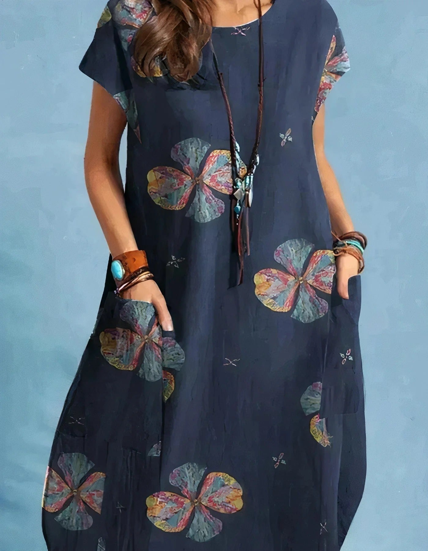 Women's Oversized Short Sleeve Midi Summer Dress with Floral Print | Ideal for Summer