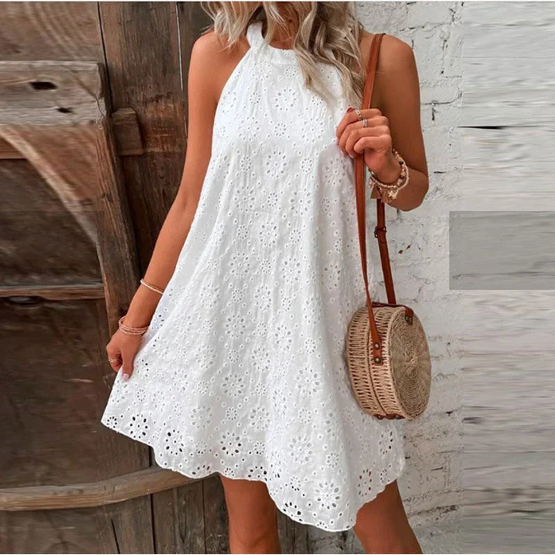 Women's Chic Sleeveless Halter Summer Dress with Eyelet Style | Ideal for Summer