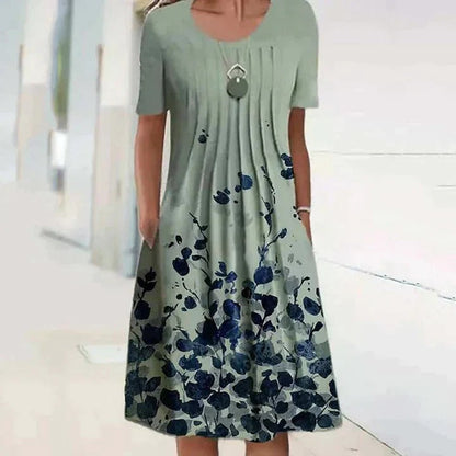 Women's Floral Print Round Neck Pocket Midi Dress | Ideal for Summer