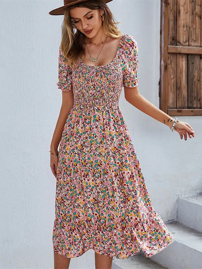 Women's Casual Round Neck Midi Dress with Floral Print  | Ideal for Summer