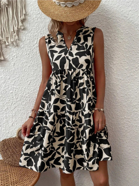 Women's Pleated Leaf Print Sleeveless V-neck Summer Dress | Ideal for Summer