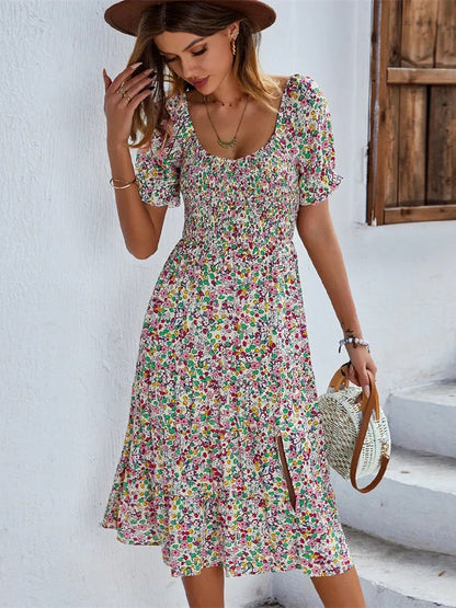 Women's Casual Round Neck Midi Dress with Floral Print  | Ideal for Summer