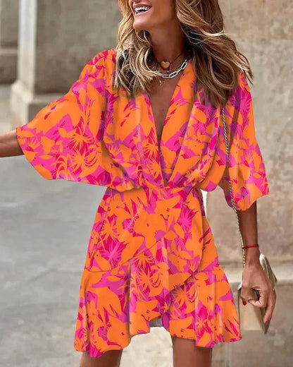 Women's Chic Wrap Up Summer Dress with Floral Print and Batwing Sleeve | Ideal for Summer