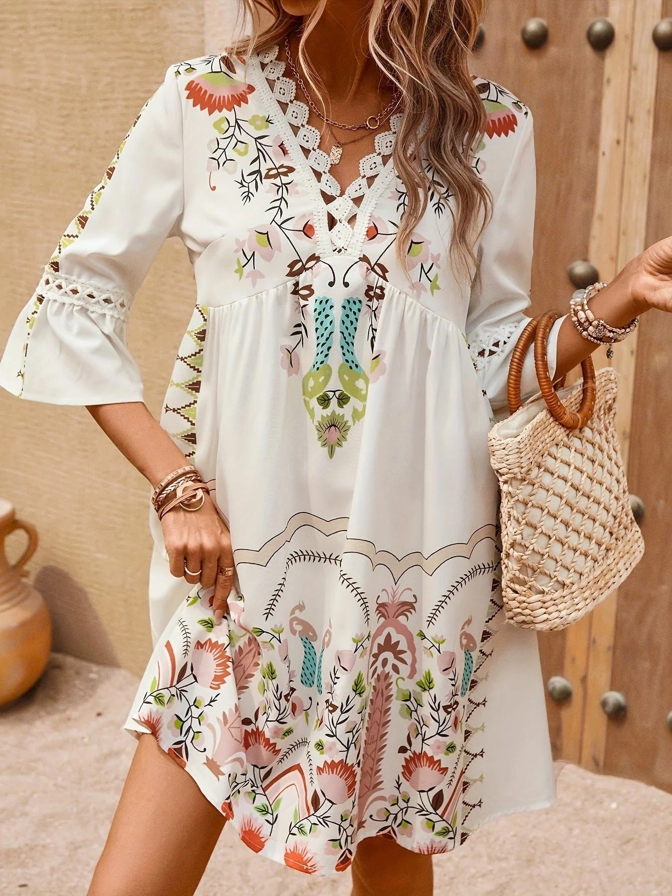 Women's Stylish Boho V-neck Summer Dress with Laces and Floral Print | Ideal for Summer