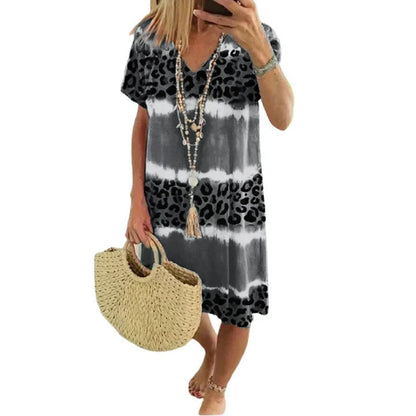 Women's Vintage V-neck Midi Dress with Leopard and Tie Dye Print | Ideal for Summer