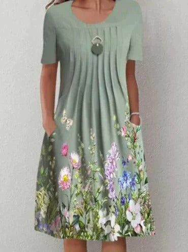 Women's Floral Print Round Neck Pocket Midi Dress | Ideal for Summer