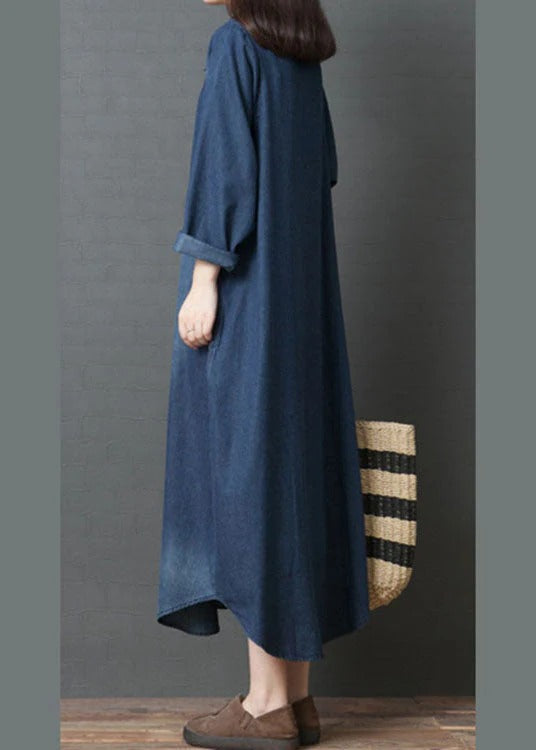 Women's Loose Denim Maxi Dress with Collar and Buttons | Ideal for Summer