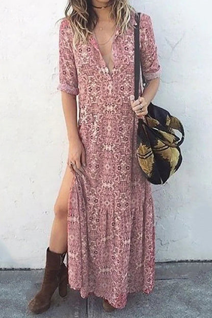 Women's Casual Boho Print Buckle Slit O Neck Dress | Ideal for Summer