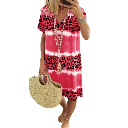 Women's Vintage V-neck Midi Dress with Leopard and Tie Dye Print | Ideal for Summer