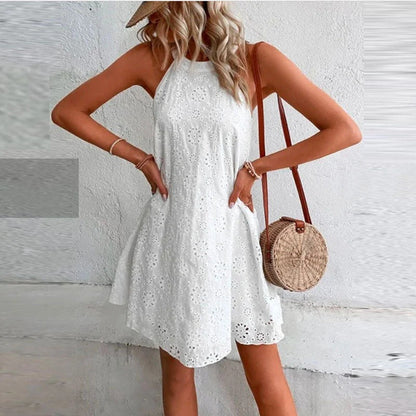 Women's Chic Sleeveless Halter Summer Dress with Eyelet Style | Ideal for Summer