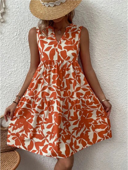 Women's Pleated Leaf Print Sleeveless V-neck Summer Dress | Ideal for Summer