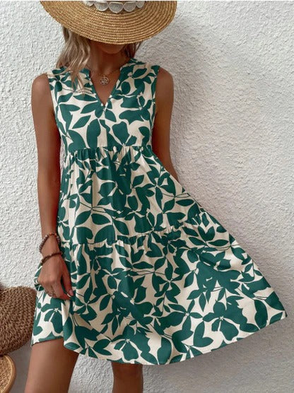 Women's Pleated Leaf Print Sleeveless V-neck Summer Dress | Ideal for Summer