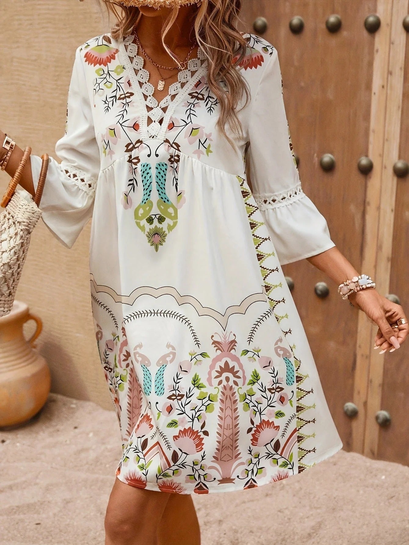 Women's Stylish Boho V-neck Summer Dress with Laces and Floral Print | Ideal for Summer