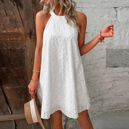 Women's Chic Sleeveless Halter Summer Dress with Eyelet Style | Ideal for Summer