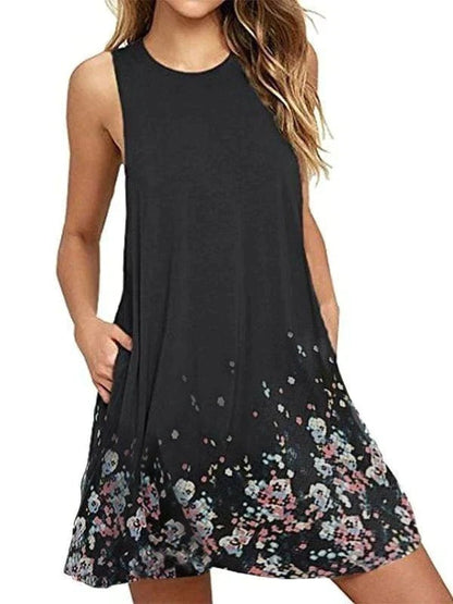 Women's Round Neck Sleeveless Printed A-Line Beach Dress  | Ideal for Summer