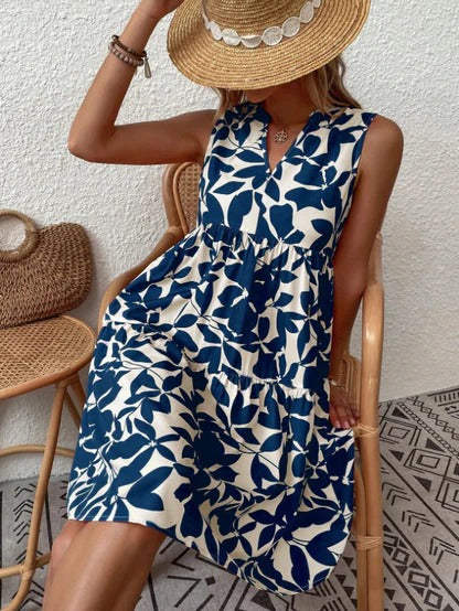 Women's Pleated Leaf Print Sleeveless V-neck Summer Dress | Ideal for Summer