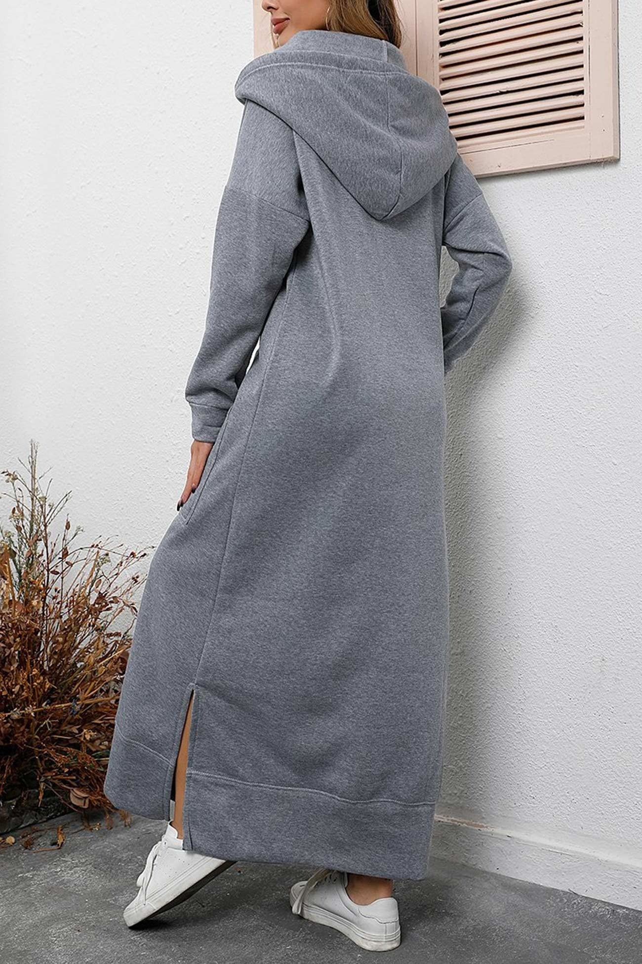 Women's Cozy Hooded Sweater Dress with Slit and Drawstring | Ideal for Summer