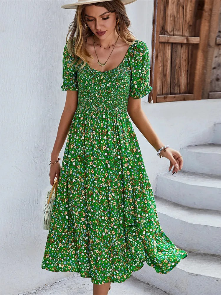 Women's Casual Round Neck Midi Dress with Floral Print  | Ideal for Summer