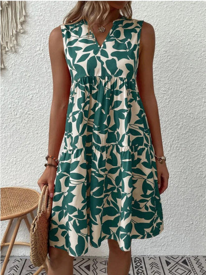 Women's Pleated Leaf Print Sleeveless V-neck Summer Dress | Ideal for Summer