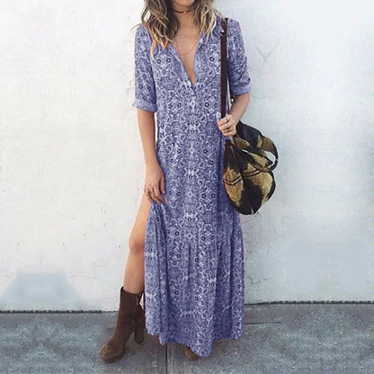 Women's Casual Boho Print Buckle Slit O Neck Dress | Ideal for Summer