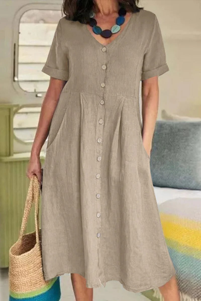 Women's Loose V-neck Short Sleeve Dress with Buttons | Ideal for Summer