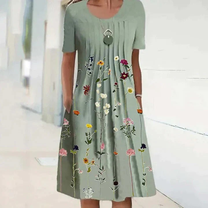 Women's Floral Print Round Neck Pocket Midi Dress | Ideal for Summer